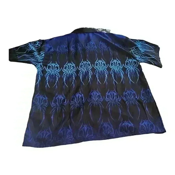 Y2K Zen Blue Tribal Design Polyester Button Up Shirt XXL - Picture 3 of 3